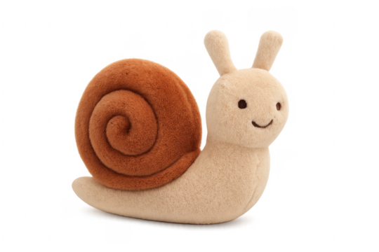 Smiling plush snail toy isolated on transparent background