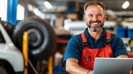 Mechanic with Confidence: A skilled mechanic, embodying professionalism, stands confidently, laptop in hand, amidst the organized chaos of a workshop. Displaying technical mastery and pride.