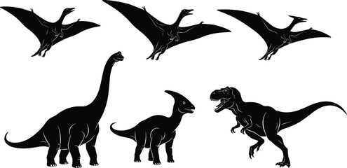 Silhouetted dinosaurs including pterosaurs, sauropods, and theropods in dynamic poses for prehistoric vector artwork, fossil themes, and educational design. © Moury Creatives
