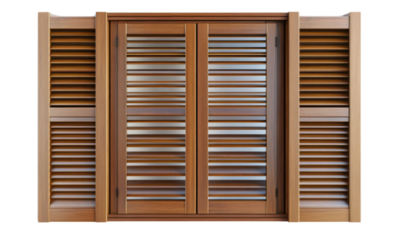 Wooden louvered shutters on white background,png