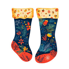 Two colorful, patterned stockings with a festive design