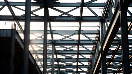 Fototapeta premium Sunlit Steel Framework Construction Building Interior