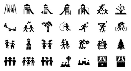 Naklejka premium Comprehensive Set of Monochrome Icons Depicting Kids, Playgrounds, and Childhood Games