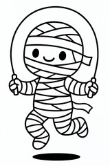 Cute mummy jumping rope with bandages coloring page, Halloween cartoon illustration for kids spooky fun festive activity