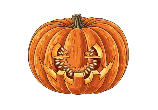 A vibrant, stylized illustration of a jack-o'-lantern, showcasing intricate details and warm orange tones against a dark background.