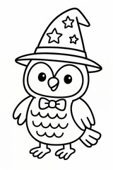 Obraz premium Cute owl wearing wizard hat coloring page, Halloween cartoon design for kids spooky fun festive illustration printable art