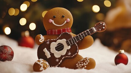 Adorable gingerbread man strumming guitar and spreading christmas cheer with festive melodies
