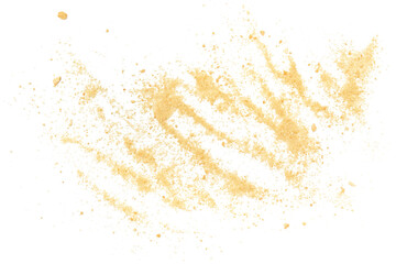 Biscuit crumbs, pieces flying isolated on white, clipping path	