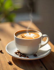 Hot Coffee Cup with Heart Latte Art and Coffee Beans on Wooden Table in Sunlight
