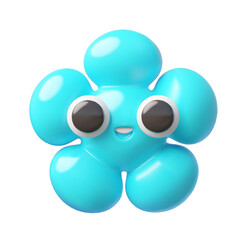 Happy blue flower emoji emoticon realistic 3D plastic style, vector cartoon chamomile smile face cheerful expression