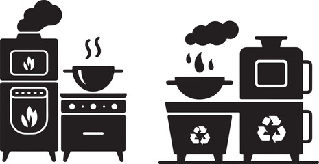 Black Vector Silhouette of Kitchen Waste to Energy Machine Eco Cooking Icon