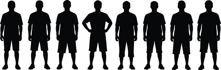 Casual Male Silhouettes Standing in Varied Poses for Fashion, Lifestyle, Fitness, Urban Culture, and Modern Vector Design Applications