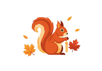 A cheerful squirrel, holding a treat, is surrounded by autumnal leaves against a striking black background.
