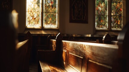 Peaceful church interior with warm sunlight streaming through stained glass windows, empty wooden pews in soft focus, atmospheric religious setting concept
