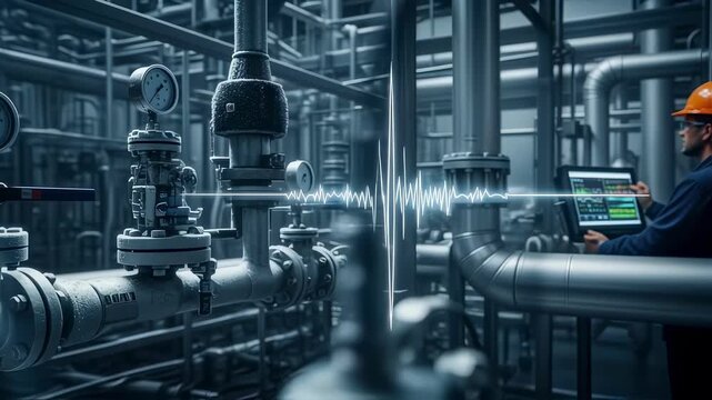 Industrial cryogenic hydrogen loop system undergoing an acoustic integrity test to assess leak probability and sensor responsiveness.