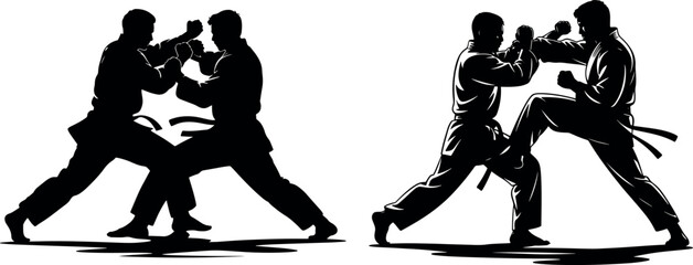 Two Karate Fighters in Action Stance Performing Combat Techniques Martial Arts Training and Self Defense Silhouette Vector Illustration