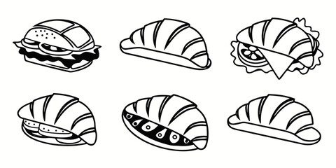 Stylized Black and White Food Illustrations: Burgers and Croissants