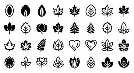 Fototapeta premium Diverse set of black leaf icons and natural symbols. Simple vector plant pictograms for eco-friendly design projects
