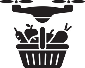Black Vector Silhouette of Drone Delivering Vegetables to Kitchen Basket