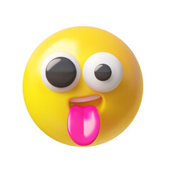 Joke emoji emoticon realistic vector 3D design, volume funny tease round face with stick out tongue and comic eyes