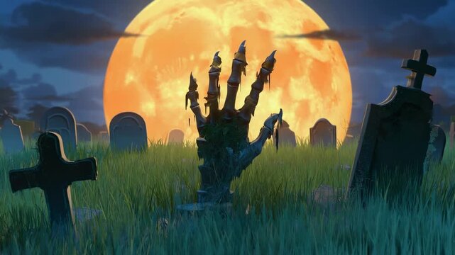 Looping Halloween animation of a zombie hand rising from a grave under a creepy full moon. Ideal for horror intros and spooky backgrounds