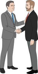 Two businessmen shaking hands in formal suits, professional partnership agreement, business collaboration, successful corporate deal illustration, teamwork, negotiation and cooperation concept.