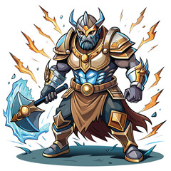 Powerful blue skinned warrior with horned helmet and glowing axe