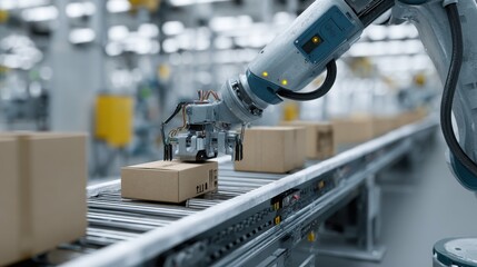 Medium shot of a robotic arm with sensors scanning products on a conveyor belt AIpowered quality control system ensuring consistency in a modern factory setting.