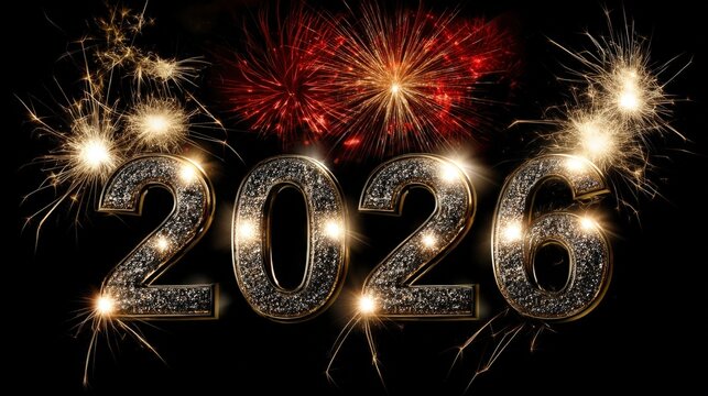 Fireworks burst in the night sky to mark the arrival of New Year 2026. People gather joyfully to celebrate and share wishes for a happy and prosperous year ahead - Powered by Adobe