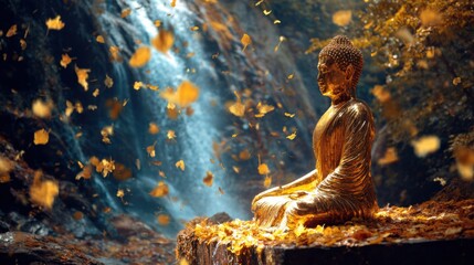 Naklejka premium A golden Buddha statue sits in tranquil meditation surrounded by falling autumn leaves, with a serene waterfall cascading in the background, creating a peaceful atmosphere.