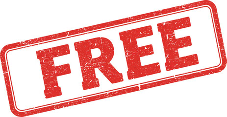 A red free stamp on a white background with distressed texture on transparent background