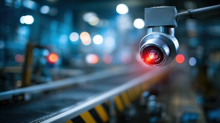 Thermal sensor emitting infrared light on factory equipment with the sensor in crisp focus and surrounding environment softly blurred to highlight early fault detection