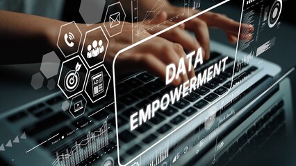 Hands typing on laptop with data empowerment overlay and digital graphics for technology and business concepts. Asymptotic smart data analytic.