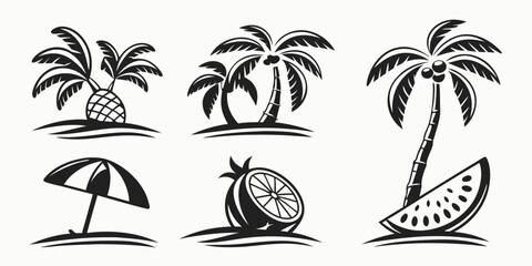 Tropical Beach Icons: Palm Trees, Pineapple, Watermelon, and Umbrella