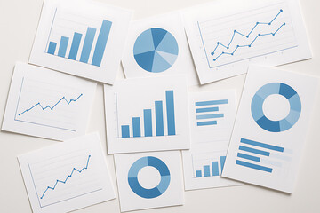 Collection of printed business charts and graphs including bar, pie, and line charts spread on white surface