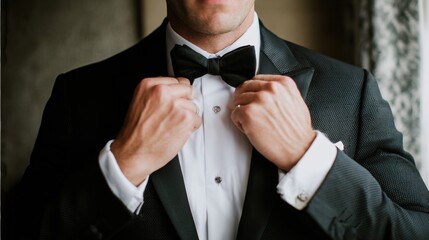 A groom prepares for his wedding by adjusting his bow tie in a sophisticated indoor space adorned with elegant decor. The moment captures the excitement before the ceremony.