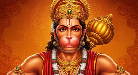 Ornate portrait of a monkey-faced deity in jewelry, facing forward on an orange patterned background