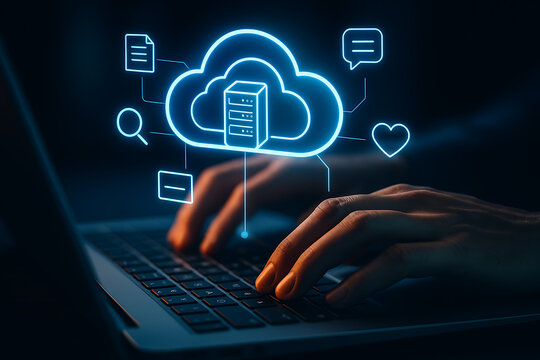 Cloud computing concept with glowing server icon and digital data symbols connected on laptop interface