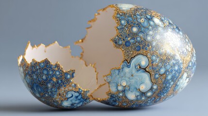 Fototapeta premium Cracked egg revealing galaxy-like swirl of blue and gold cholesterol molecules, abstract concept of health and nutrition