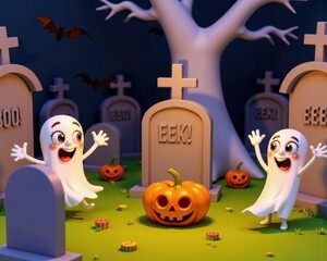 Two cute cartoon ghosts and a jack o lantern in a spooky graveyard at night