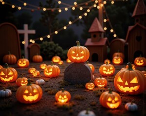 Fototapeta premium Spooky halloween night with glowing jack o lanterns and festive string lights