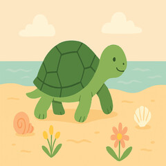Turtle walking on sandy beach with seashells