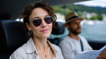 A woman with sunglasses smiles at the camera while a man holds a map in the background, capturing a joyful moment on a scenic drive by the water during daytime.
