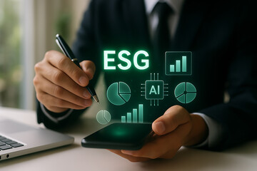 Businessman using smartphone with ESG and AI icons for sustainable investment and environmental social governance analytics
