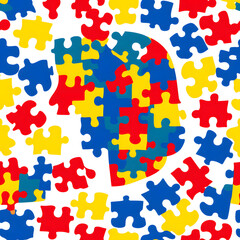 World Autism Day. Bright puzzle pattern. Disability wareness. Asperger brain. hildren education and healh. Riddle pieces connectio. Mosaic toy assemble. Vecor seamless tidy concept