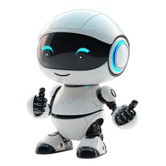 Cute friendly white robot with glowing blue eyes giving thumbs up isolated on transparent background