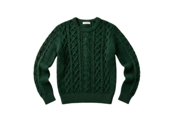 A deep forest green cable knit sweater stands out against a black backdrop, showcasing intricate cable patterns and a classic crew neckline.
