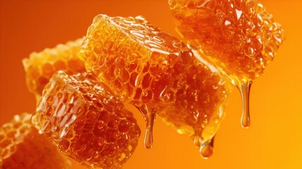 Honeycomb pieces glisten as they drip with honey, set against a warm orange background that emphasizes their rich color and natural texture. This scene showcases nature's delicious offering.