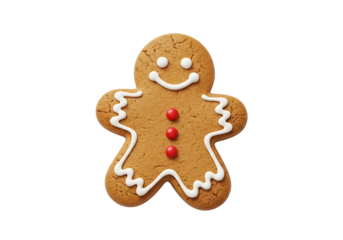 A detailed close-up of a gingerbread man cookie, decorated with white icing and red candy buttons, set against a pure black background.