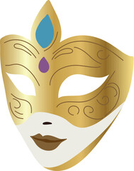 Elegant golden carnival mask with decorative gems and ornate patterns, ideal for masquerade designs, Venetian themes, luxury invitations, and festive projects.